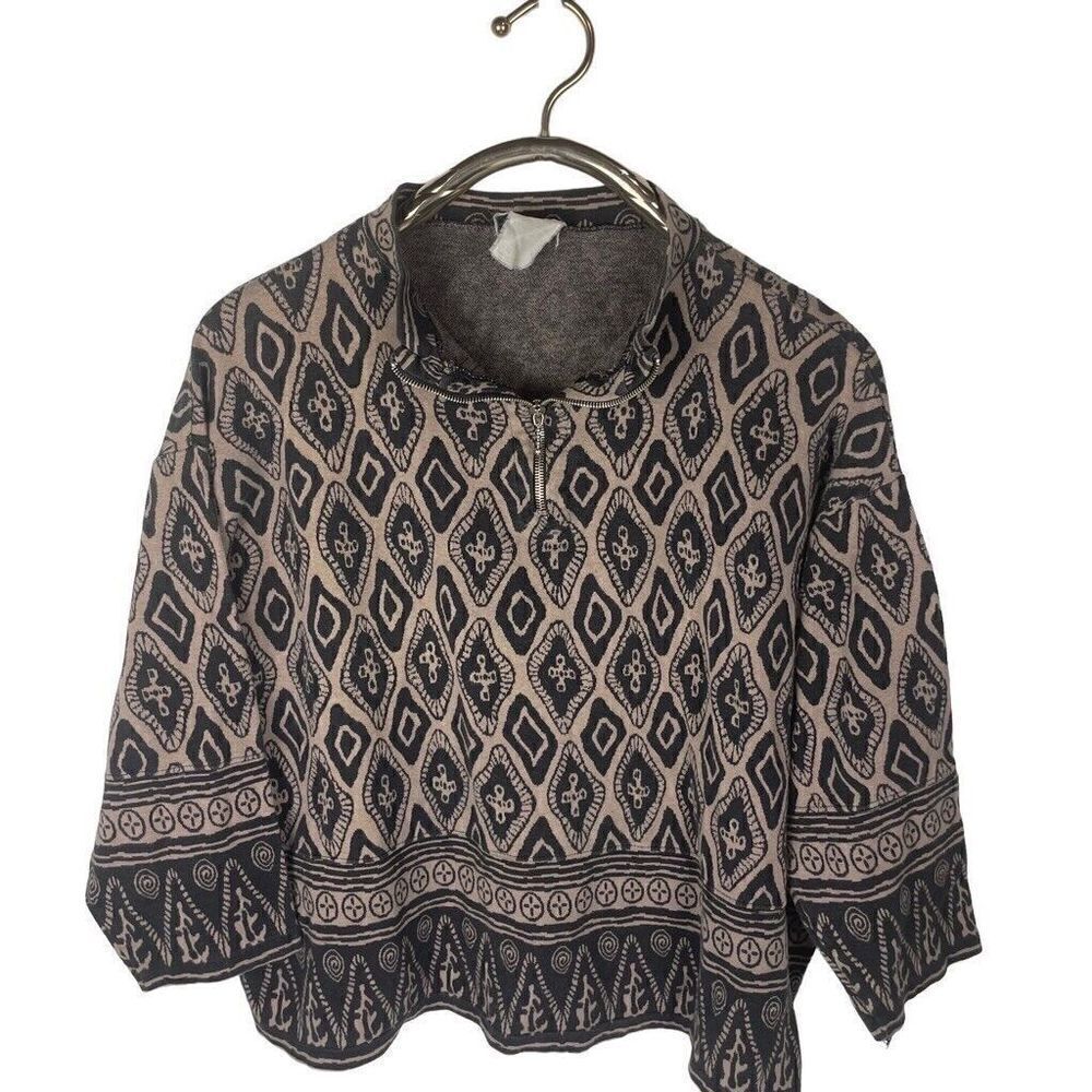 Vintage NAF NAF Paris Tan Black Jacquard Quarter Zip Pullover Sweater Size M/L